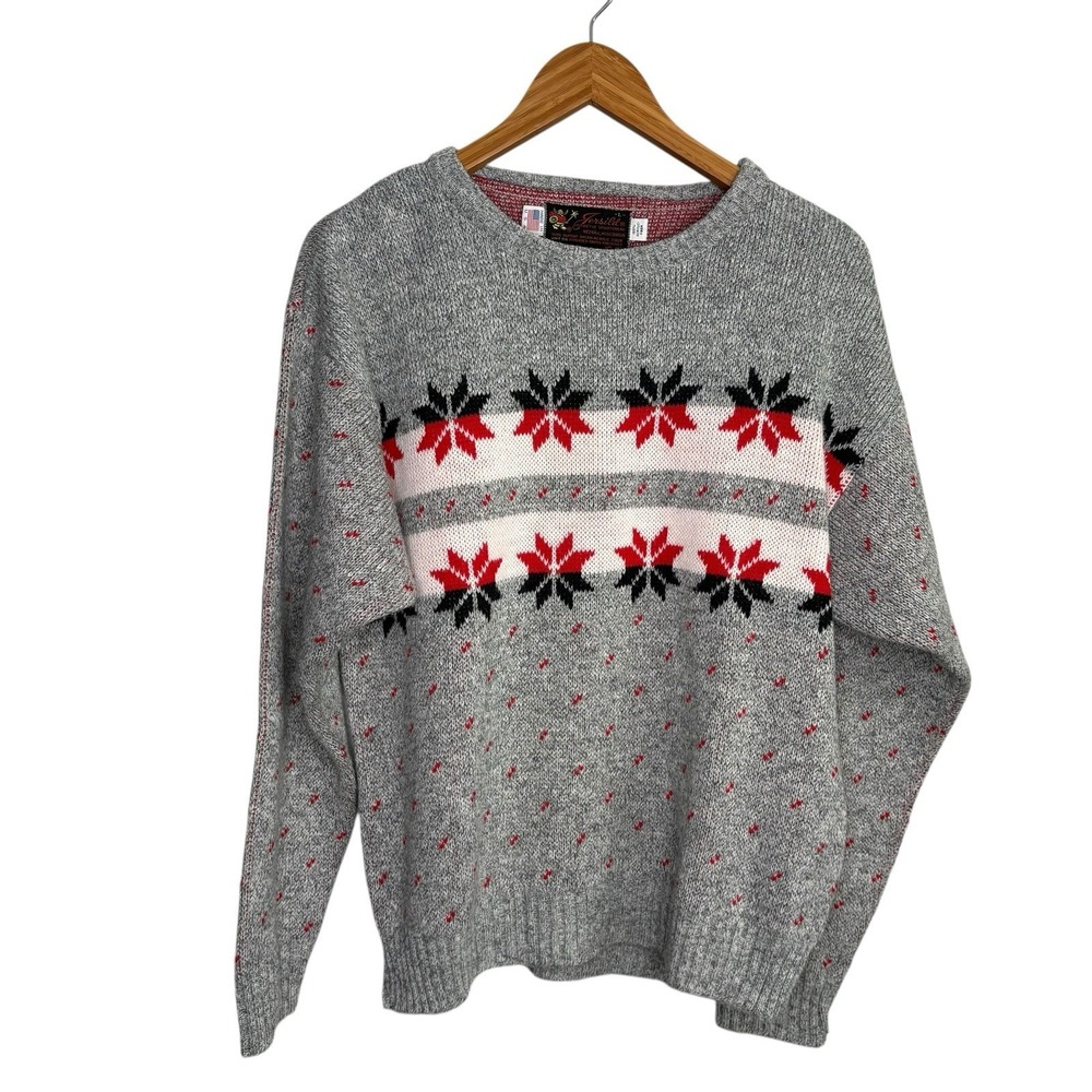 Jersild Mens Sweater Large Gray Chunky Knit Fair Isle Crew Neck Vintage USA